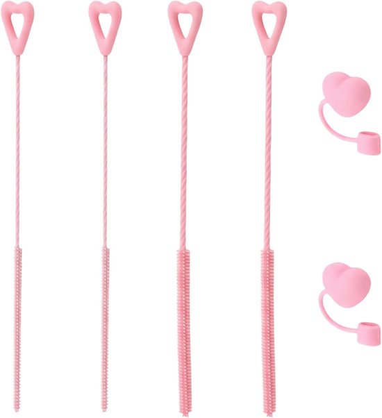 Rietjesborstel en flessenborstelset, 4 stuks, extra lange en flexibele reinigingsborstel met 2 hartvormige rietjessluitingen voor beker, glazen rietjes, babyflessen en melkslang, 9 mm en 6 mm