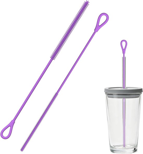 Rietjesborstel Set - 2 Stuks Herbruikbare Rietjes Reiniger met Anti-slip Handvat - Zachte Flexibele Dunne Flessenborstel - Food-Grade Siliconen (Paars)