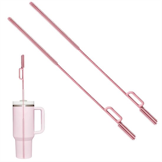 Rietjesreiniger, herbruikbare rietborstel extra lange rietborstel 6 mm + 9 mm voor rietjes voor metalen glazen plastic buis en buigbare pijp voor Stanley 2 stuks (dubbelkoppig - roze)