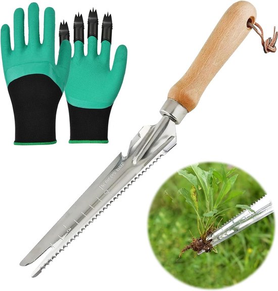 Riokem ® Handmatige Onkruidverwijderaar van Roestvrij Staal met Maatvoering en Houten Handvat van Merkloos	