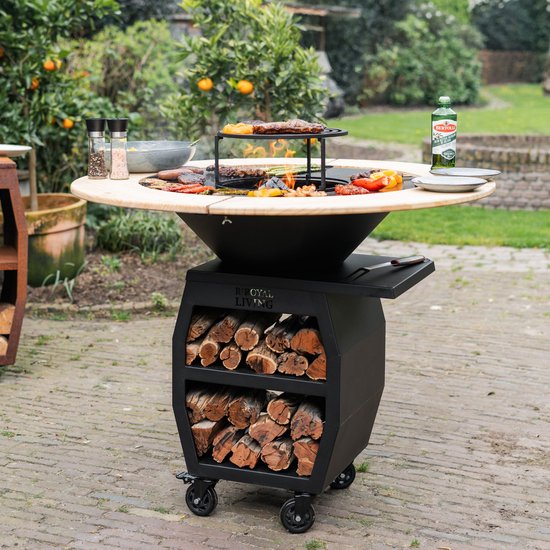RJRoyal Living Plancha grill BBQ Companero XXL Blackline zwart 2.0 grillring met houten omranding hoes en houtopslag vuurschaal buitenkeuken grillring van RJRoyal Living