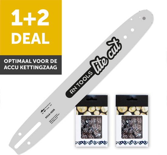RNtools zaagblad LiteCut 35cm voor Accu Kettingzaag (o.a. DeWalt, Milwaukee, Makita, EGO) + 2x RNtools zaagketting 3/8 1.1mm 52 schakels van RNtools