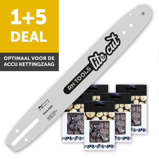 RNtools zaagblad LiteCut 35cm voor Accu Kettingzaag (o.a. DeWalt, Milwaukee, Makita, EGO) + 5x RNtools zaagketting 3/8 1.1mm 52 schakels van RNtools
