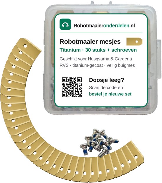 Robotmaaier Mesjes Titanium – 30 stuks + Threadlocker Borgschroeven – Geschikt voor Husqvarna Automower & Gardena – Roestvrij RVS