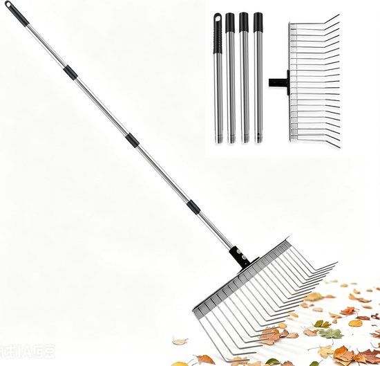 Robuuste bladbezem met 160 cm roestvrijstalen steel en 21 tanden voor tuinonderhoud, gazonhark en bladhark voor bladeren, gras en mulch verwijderen