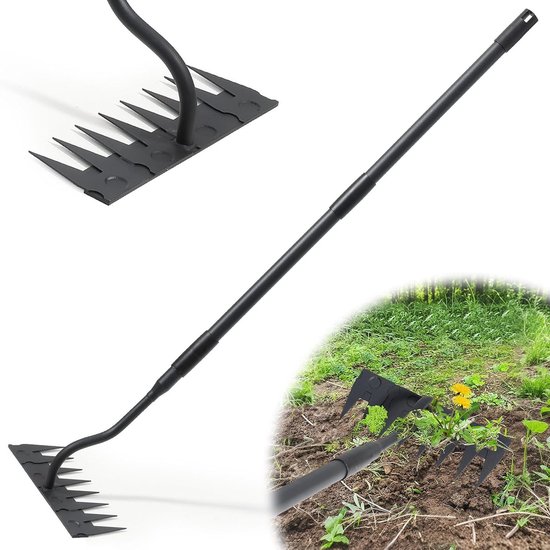 Robuuste tuinhark met 140 cm lange handgreep en 8 stevige tanden voor effectief wieden en losmaken van grond, ideaal tuingereedschap voor onkruidbestrijding