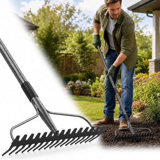 Robuuste tuinhark met 17 tanden en roestvrijstalen handvat van 124 cm voor efficiënt tuinieren