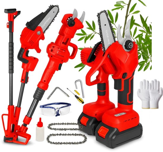 Rode Snoerloze Kettingzaag + Snoeischaar + Telescopische Verlengstok | Zincline Set voor Hoog en Veilig Snoeien van Zincline