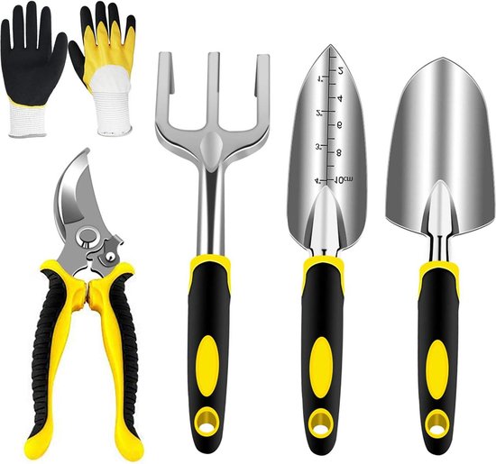 Roestvrij stalen tuingereedschapsset - tuinschaar, handtrommel, transplantator, handhark, tuinhandschoenen - 5 stuks - 750 van VONROC
