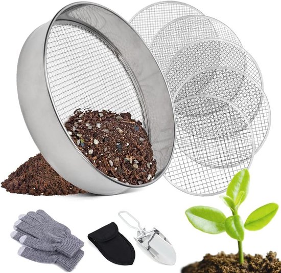 Roestvrijstalen 5-in-1 tuinzeef - 20 cm diameter - 5 verwisselbare zeefinzetstukken - Ø 3 6 9 10 12 mm - ronde compostzeef voor aarde, compost en zaaigoed van Merkloos	