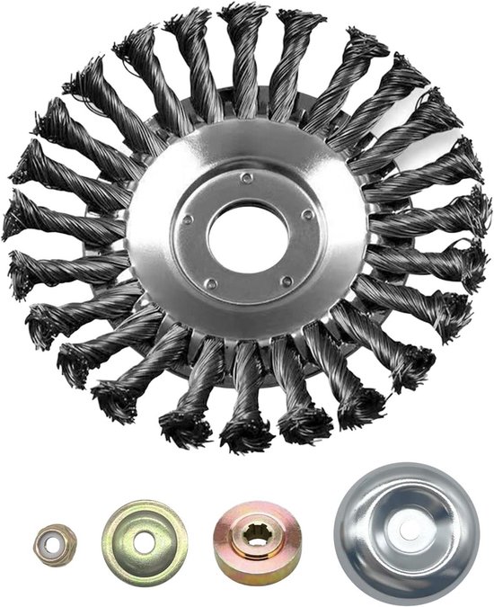 Roestvrijstalen onkruidborstel voor trimmer en bosmaaier - 255 x 25,4 mm - inclusief 4 adapters - effectief verwijderen van onkruid en mos. van Merkloos	