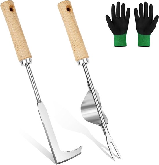 Roestvrijstalen onkruidgereedschap set met lange steel en handschoenen - voor tuinieren en verplanten