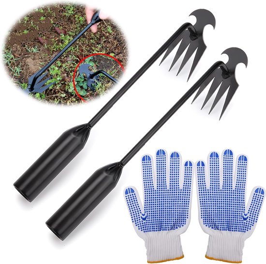 Roestvrijstalen onkruidsteker, tuingereedschap, 2 stuks, onkruidsteker, roestvrij staal, met handschoenen, roestvrij staal, handmatige onkruidsteker voor het verwijderen van onkruid van Merkloos	