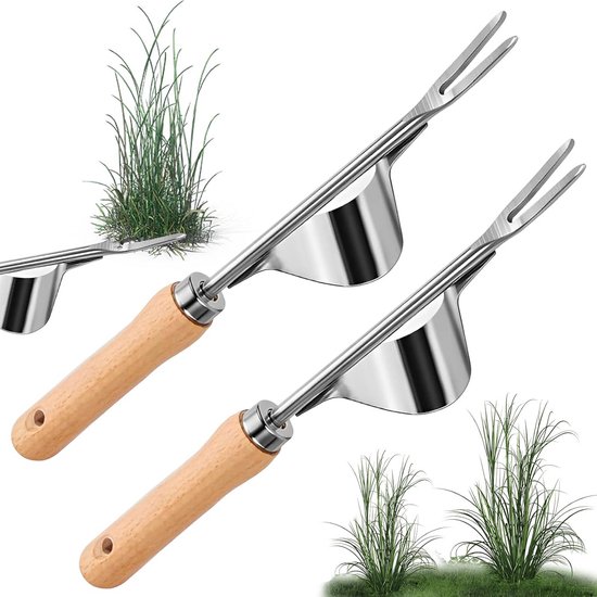 Roestvrijstalen Onkruidstekers 2 stuks - Paardenbloemsteker met Houten Handvat voor Tuin en Gras van Merkloos	