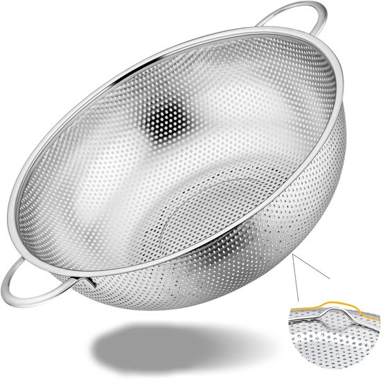 Roestvrijstalen pastazeef: Ø 28 cm, microgeperforeerd, met handgrepen - ideaal voor afdruipen en spoelen - vaatwasmachinebestendig. van Merkloos	