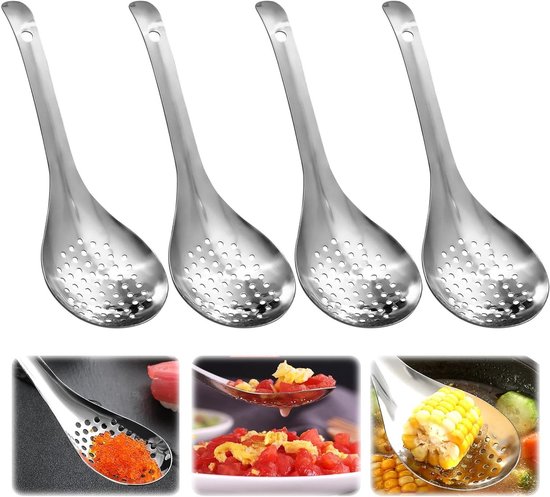 Roestvrijstalen serveerlepels met sleuven - Set van 4 - Voor soep, muesli en kaviaar - Duurzame lepels voor thuis, keuken, restaurant - Buffetlepels met zeef van Merkloos	
