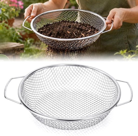 Roestvrijstalen tuinzeef met handvat voor efficiënt zeven van aarde, compost en grind