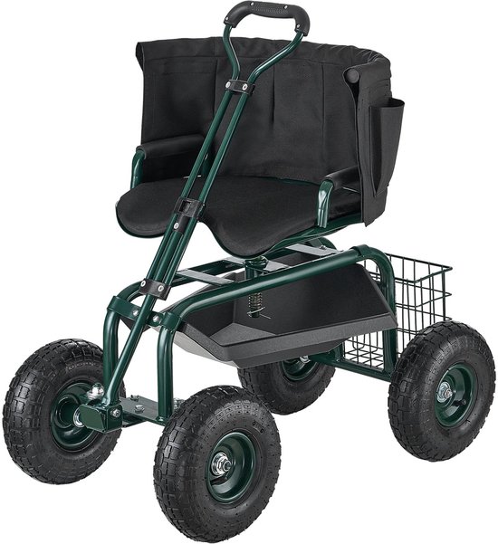Rolbare tuinstoel met wielen, verstelbare hoogte en 360° draaibare zitting, draagvermogen 180 kg, tuinkar met rugleuning en opbergruimte voor gereedschap, ideaal voor werkzaamheden in de tuin, op het erf en op het terras