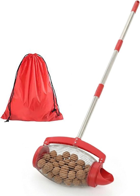 Rolverzamelaar Walnoot - Notenraper Gazon - Comfortabel Verzamelen - Verstelbare Telescoopsteel - 110 cm Lengte - Zilver Rood