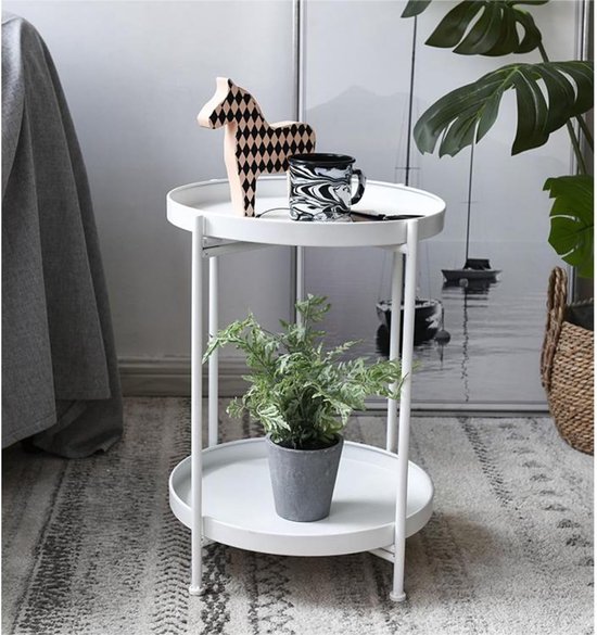 Ronde bijzettafel, 2 niveaus, bijzettafel, metalen dienblad, banktafel, meubelbijzettafel, tuinbijzettafel, diameter 36 x H51,5 cm, salontafel, nachtkastje, voor woonkamer, slaapkamer, kantoor, buiten (wit)