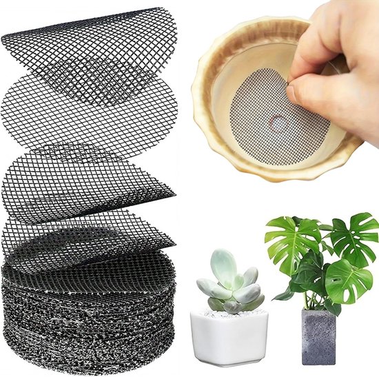 Ronde Bloempotmat - 100 stuks - Bloempotrooster - Planten Mesh Pad-Bloempot Gaas Ma - Drainage rooster planten - Drainage gat mesh pad - Voorkomt Bodem Lekkage - Plantenbak - Bloempotmat - 5*5cm - Geschikt Voor De Meeste Bloempotten - Zwart
