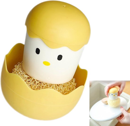 Ronde cartoon chick afwasborstel, geel, 1 stuks, keukenborstel, paddenstoelborstel, duurzaam en niet vervormd, geschikt voor keuken en badkamer, keukenborstel, afwasborstel
