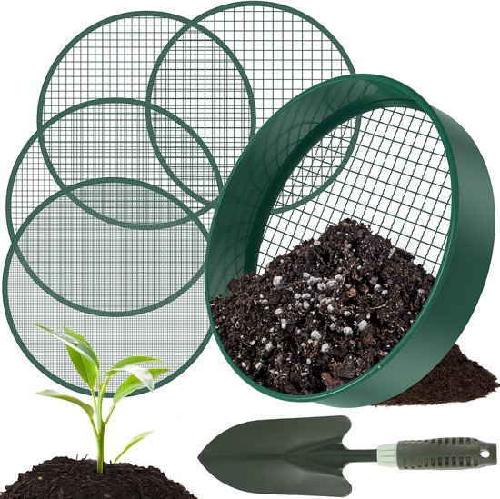 Ronde tuinzeef 4-in-1 - 30 cm - Roestvrij staal - Wordt geleverd met 4 verwisselbare zeven en een tuinschepje - Wegwerpzeef geschikt voor aarde, compost, zaden en zand. van Merkloos	