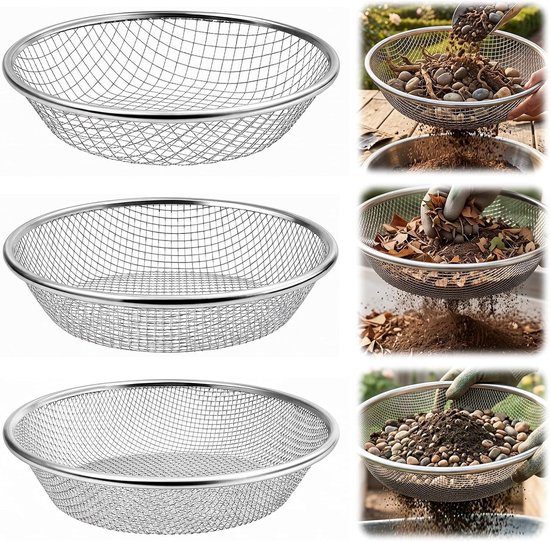 Ronde tuinzeef van metaal, 30 cm voor het reinigen van aarde, zand en compost, ideaal voor het sorteren van stenen en het verfijnen van tuinaarde en zand.