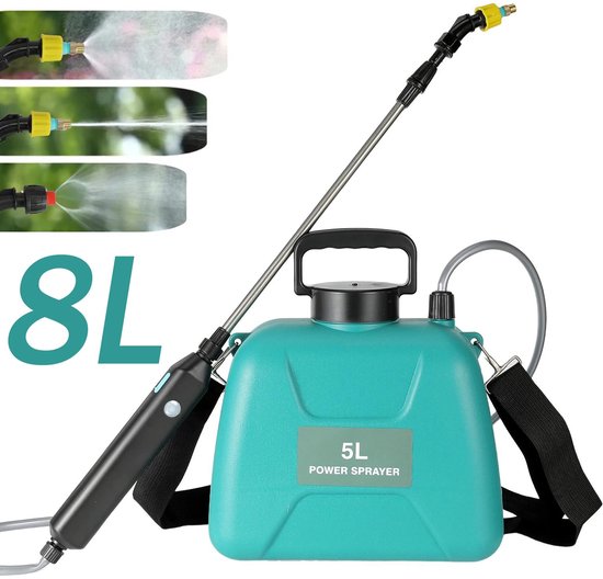 RosaBloom Elektrische Drukspuit – 8 Liter – Automatische Plantenspuit & Onkruidspuit – 3 Sproeistanden – Inclusief Schouderband – Groen