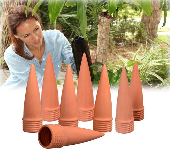 RoseFlower 8 stuks automatische keramische irrigatieset, kleikegel, zelfbewaterende spikes, waterdispenser met gratis tuingereedschap voor binnen en buiten, thuis, kantoor, tuin, planten, kegels van Fiyerna