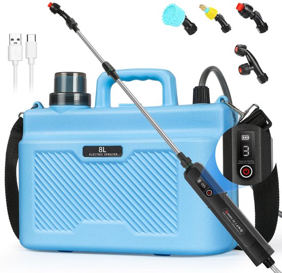 Rosnek Elektrische Drukspuit 8L - Accu Tuinspuit - Onkruidspuit met Lans - 2000mAh Plantenspuit - 3 Sproeistanden - 4 Sproeikoppen - Telescoopsteel 60-80 cm - Voor Tuin, Gazon, Kas & Bemesting