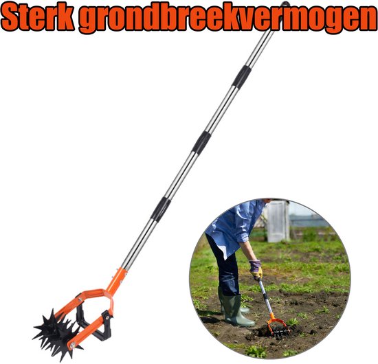 Rotatiecultivator voor in de tuin, verstelbare handfrees met lange steel en stervormige rollende tanden, 2-in-1 onkruidverwijderaar en grondbeluchter voor gazononderhoud, gras opnieuw inzaaien, grond mengen, handmatige tuinfrees.