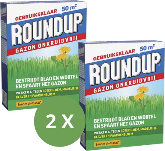ROUNDUP® Gazon Onkruidvrij 1kg - 2 Stuks Voor 100 m2 - Bestrijdt blad en wortel en spaart het gazon - Werkt tegen o.a. botterbloem, madeliefjes, klaver en paardenbloem - Garden Select van Merkloos	