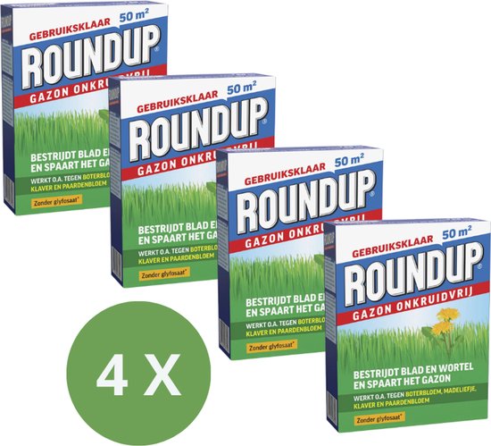 ROUNDUP® Gazon Onkruidvrij 1kg - 4 Stuks Voor 200 m2 - Bestrijdt blad en wortel en spaart het gazon - Werkt tegen o.a. botterbloem, madeliefjes, klaver en paardenbloem - Garden Select van Merkloos	