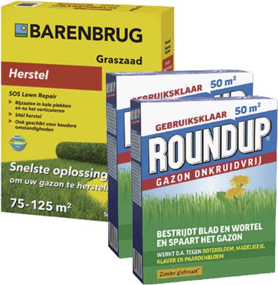 ROUNDUP® Gazon Onkruidvrij 1kg - Repair Graszaad 2 kg - Bestrijdt blad en wortel en spaart het gazon - Werkt tegen o.a. botterbloem, madeliefjes, klaver en paardenbloem
