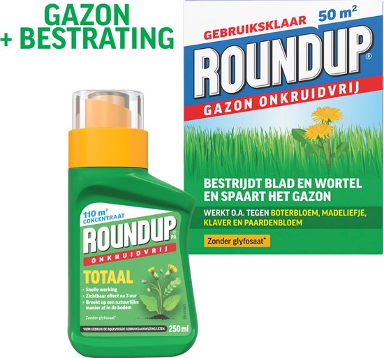 Roundup Gazon Onkruidvrij 1kg + Totaal Onkruidvrij Concentraat 250ml – Onkruidverdelger – Voor Gazon én Bestrating – Onkruidverwijderaars zonder glyfosaat