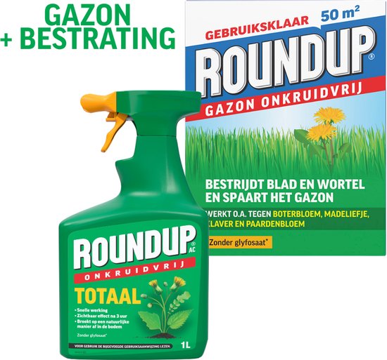 Roundup Gazon Onkruidvrij 1kg + Totaal Onkruidvrij Spray 1L – Onkruidverdelger – Voor Gazon én Bestrating – Onkruidverwijderaars zonder glyfosaat