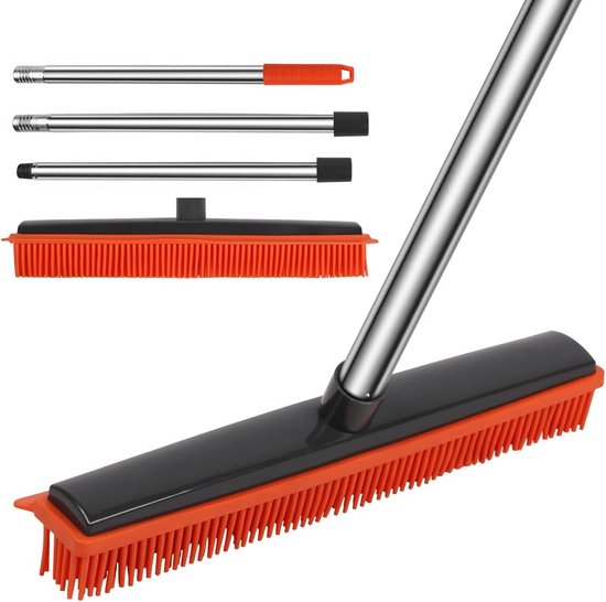 Rubberen bezem met handvat, bezem Rubberen borstelharen Verwijdering van dieren Katten Hondenhaar voor vloeren voor tapijten Tegels Ramen en tuinen Oranje gekleurd van NuBreeze