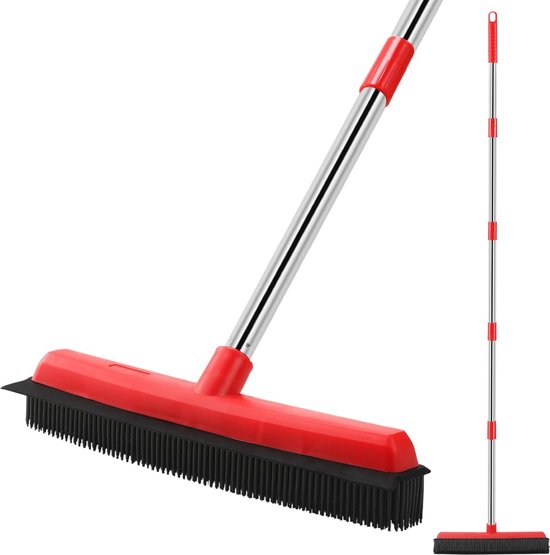 Rubberen Bezem met Lange Steel (154cm) - Vloerborstel met Rubberen Borstelharen en Waterwisser (34cm) voor het Verwijderen van Katten- en Hondenhaar uit Tapijt - Geschikt voor Binnen en Buiten van MaxxHome