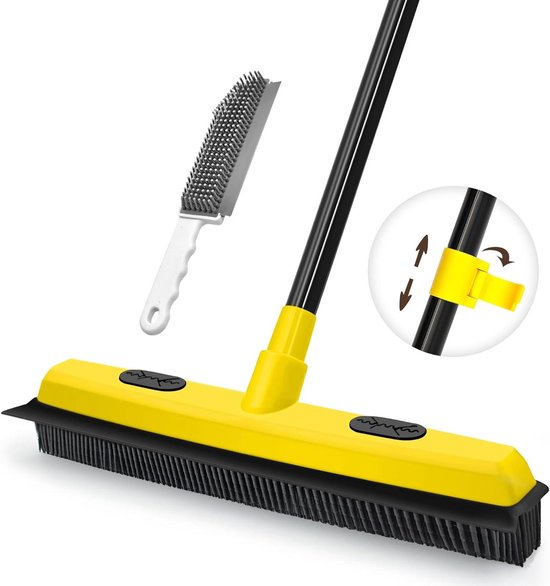 Rubberen bezem met rakel dierenhaarverwijderaar 138 cm lang handvat - Push-bont verwijderingsgereedschap met draagbare detaillering pluisborstel voor pluizig tapijt raam tegels hardhouten van Merkloos	