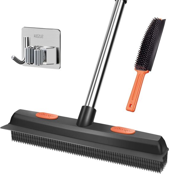 Rubberen bezem met steel 134 cm - Siliconen bezem voor binnen en buiten met trekker - Ideaal voor het verwijderen van dierenharen van tapijten, ramen, tegels en hardhouten vloeren van Merkloos	