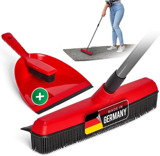 Rubberen bezem met telescopische steel & stoffer en blik set Kappersbezemset Rubberen knopbezem Hondenhaarverwijderaar Bezem Parketbezem voor binnen Tapijtbezem Vloertrekker Huishoudbezem Wonderbezem van Merkloos	