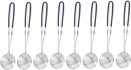 RVS spiraalzeefpannen set - Schuimspaan - Zeeflepel - Fijnmazig - Lange handgreep - Parelmelkthee - Zwart - 8 stuks