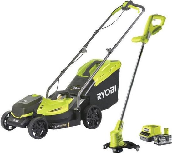 RYOBI ONE+ Pack 18V Cordless Grasmaaier + Trimmer RLM1833BLT1825M : Grasmaaier RLM18X33B40 en Trimmer OLT1825M (incl. 1x4.0Ah accu) van Merkloos	