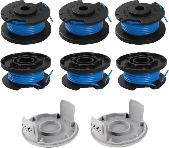 Ryobi-vervangspoelset geschikt voor grastrimmers (inclusief 6 spoelen en 2 kappen; geschikt voor RAC124, AC14RL3A,) – Trimmeraccessoires – Draadlengte: 3,4 m, diameter: 1,65 mm