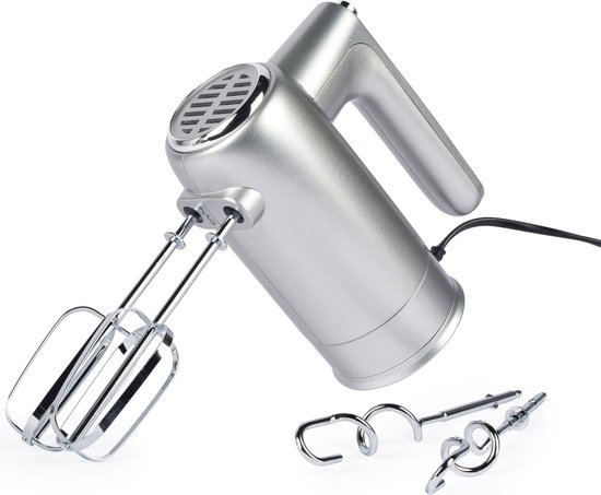 Salter Aspen Easy-Store-handmixer – Elektrische bakgarde, mixkloppers en deeghaken, opbergvoet, 5 snelheidsinstellingen met turbofunctie, uitwerpfunctie, 300 W, zilver van Salter