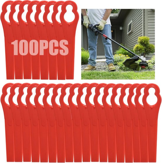 Sander Shop 100 stuks kunststof grastrimmermessen, draadloze strimmer-messen 83 mm grasmaaier snijbladen tuinmaaier vervangende messen voor Terratek Einhell grasstrimmer-rood
