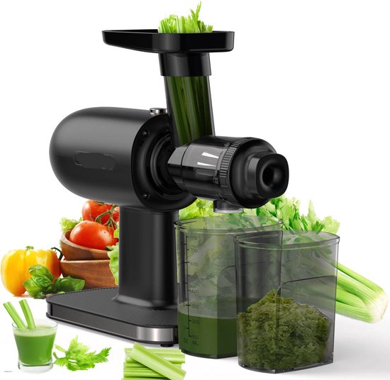 Sapcentrifuge - Cold Press - Slowjuicer - Groente en Fruit Blender - Krachtige Motor - Langzaam Kauwende Sapcentrifuges - met Omkeerfunctie - Hoge Sapopbrengst - Gemakkelijk Schoon te Maken - Borstel & Stil - Zwart