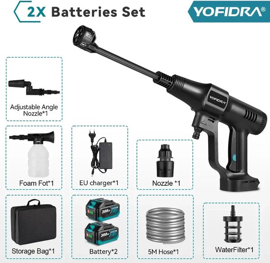Sattire - Hogedrukreiniger - Hogedrukreiniger Accu - Draadloze Hogedrukreiniger - 200 Bar - 3500W - 3 Versnellingen - Compatibel Met Makita 18V Batterij - 4.1L P/Min - Complete Set - Zwart van Sattire