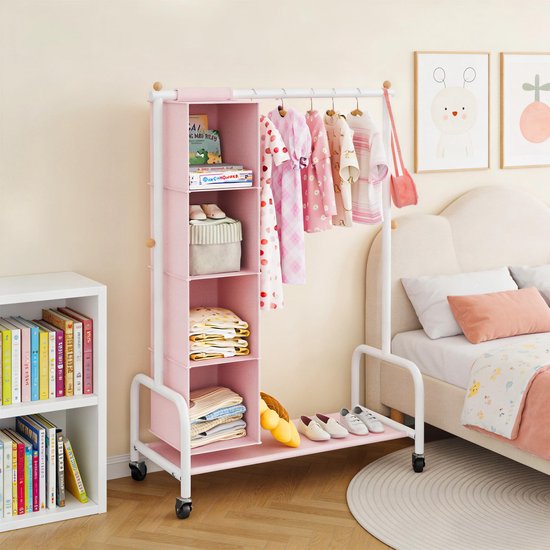 SAYS Kledingrek voor Kinderen met Opbergzak, Verkleedrek voor Kinderen met Wieltjes, Kledingrek voor Kinderen, Kledingrek voor Peuters voor Het Opruimen van de Kinderkamer, Roze/Wit